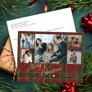 Elegant script Merry Christmas 5 photo red plaid Holiday Postcard