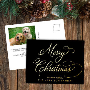 Elegant Script Merry Christmas Black Photo Foil Holiday Postcard