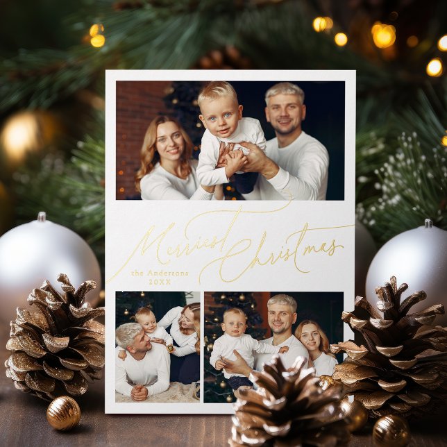 Elegant Script Merry Christmas Family 3 Photo (Elegant Script Merry Christmas Family 3 Photo Foil Holiday Card)