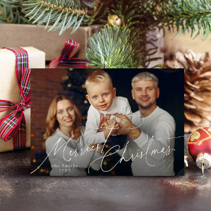 Elegant Script Merry Christmas Family Photo Holiday Card