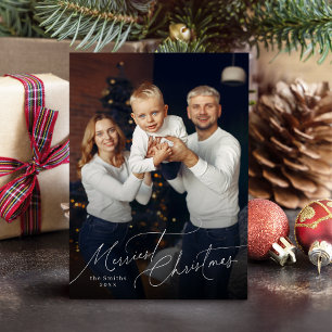 Elegant Script Merry Christmas Family Photo Holiday Card