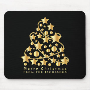 Elegant Script Merry Christmas Gold Star Black T S Mouse Pad