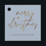 Elegant Script Merry Christmas Gold Star Blue Favour Tags<br><div class="desc">These stylish Christmas gift tags feature elegant typography reading,  "Merry Christmas" in faux gold foil,  along with a little star accent. The background colour can be customised to any colour you'd like! The back contains faux gold foil stripes. Great for use as holiday gift tags or party favour tags!</div>