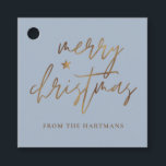 Elegant Script Merry Christmas Gold Star Blue Favour Tags<br><div class="desc">These stylish Christmas gift tags feature elegant typography reading,  "Merry Christmas" in faux gold foil,  along with a little star accent. The background colour can be customised to any colour you'd like! The back contains faux gold foil stripes. Great for use as holiday gift tags or party favour tags!</div>