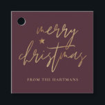 Elegant Script Merry Christmas Gold Star Burgundy Favour Tags<br><div class="desc">These stylish Christmas gift tags feature elegant typography reading,  "Merry Christmas" in faux gold foil,  along with a little star accent. The background colour can be customised to any colour you'd like! The back contains faux gold foil stripes. Great for use as holiday gift tags or party favour tags!</div>