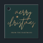 Elegant Script Merry Christmas Gold Star Dark Teal Favour Tags<br><div class="desc">These stylish Christmas gift tags feature elegant typography reading,  "Merry Christmas" in faux gold foil,  along with a little star accent. The background colour can be customised to any colour you'd like! The back contains faux gold foil stripes. Great for use as holiday gift tags or party favour tags!</div>