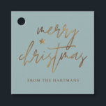 Elegant Script Merry Christmas Gold Star Lite Teal Favour Tags<br><div class="desc">These stylish Christmas gift tags feature elegant typography reading,  "Merry Christmas" in faux gold foil,  along with a little star accent. The background colour can be customised to any colour you'd like! The back contains faux gold foil stripes. Great for use as holiday gift tags or party favour tags!</div>