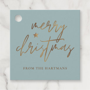 Elegant Script Merry Christmas Gold Star Lite Teal Favour Tags