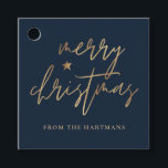 Elegant Script Merry Christmas Gold Star Navy Blue Favour Tags<br><div class="desc">These stylish Christmas gift tags feature elegant typography reading,  "Merry Christmas" in faux gold foil,  along with a little star accent. The background colour can be customised to any colour you'd like! The back contains faux gold foil stripes. Great for use as holiday gift tags or party favour tags!</div>