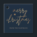 Elegant Script Merry Christmas Gold Star Navy Blue Favour Tags<br><div class="desc">These stylish Christmas gift tags feature elegant typography reading,  "Merry Christmas" in faux gold foil,  along with a little star accent. The background colour can be customised to any colour you'd like! The back contains faux gold foil stripes. Great for use as holiday gift tags or party favour tags!</div>