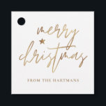 Elegant Script Merry Christmas Gold Star White Favour Tags<br><div class="desc">These stylish Christmas gift tags feature elegant typography reading,  "Merry Christmas" in faux gold foil,  along with a little star accent. The background colour can be customised to any colour you'd like! The back contains faux gold foil stripes. Great for use as holiday gift tags or party favour tags!</div>