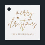 Elegant Script Merry Christmas Gold Star White Favour Tags<br><div class="desc">These stylish Christmas gift tags feature elegant typography reading,  "Merry Christmas" in faux gold foil,  along with a little star accent. The background colour can be customised to any colour you'd like! The back contains faux gold foil stripes. Great for use as holiday gift tags or party favour tags!</div>