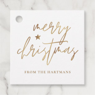 Elegant Script Merry Christmas Gold Star White Favour Tags