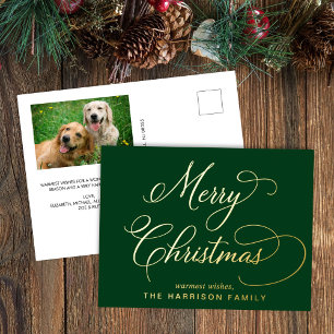 Elegant Script Merry Christmas Green Photo Foil Holiday Postcard