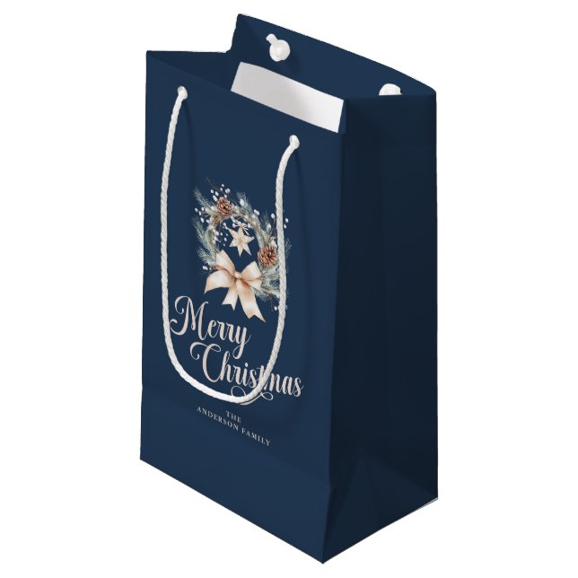 Elegant Script Merry Christmas Holiday Wreath Small Gift Bag (Front Angled)