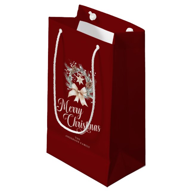 Elegant Script Merry Christmas Holiday Wreath Small Gift Bag (Front Angled)