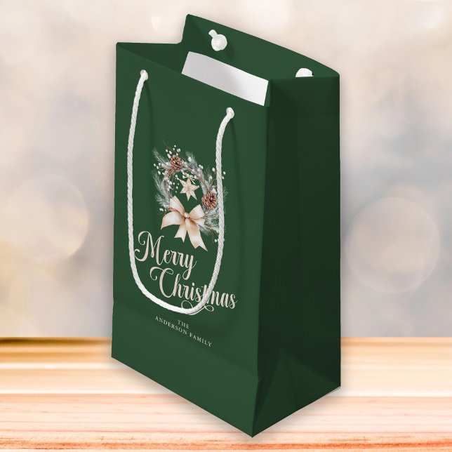 Elegant Script Merry Christmas Holiday Wreath Small Gift Bag (Creator Uploaded)