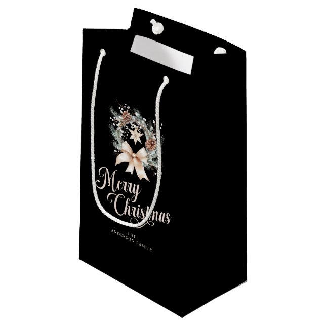 Elegant Script Merry Christmas Holiday Wreath Small Gift Bag (Front Angled)
