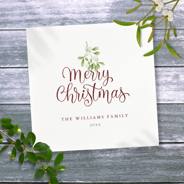 Elegant Script Merry Christmas Mistletoe Holiday Napkin (Elegant Script Merry Christmas Mistletoe Holiday Napkins)