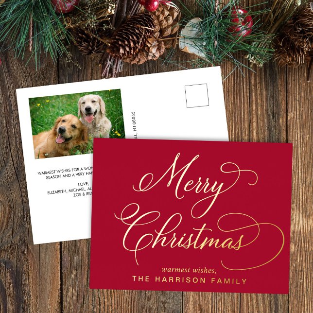 Elegant Script Merry Christmas Red Photo Foil Holiday Postcard (Creator Uploaded)