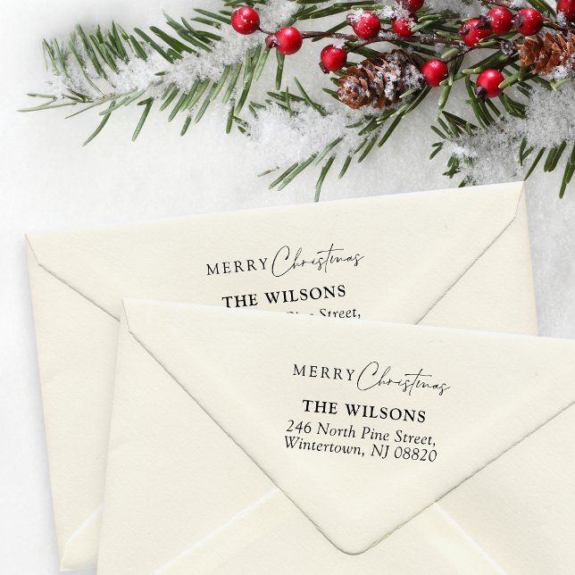 Elegant Script Merry Christmas Return Address Rubber Stamp (Elegant script 'Merry Christmas' mailing stamp with personalizable family name and address)