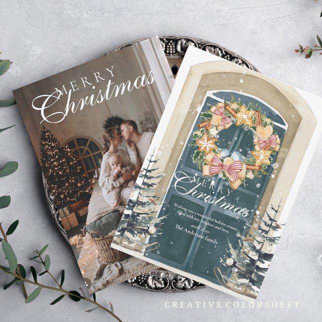 Elegant Script Merry Christmas wreath Wwatercolor Holiday Card (Creator Uploaded)