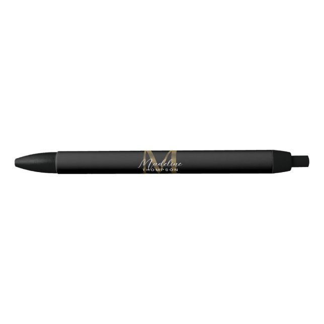 Elegant Script Metallic Black Gold Monogram Black Ink Pen (Front)
