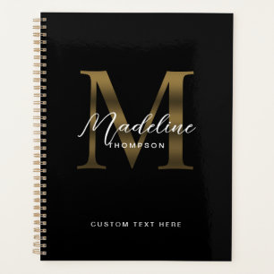 Elegant Script Metallic Black Gold Monogram Planner