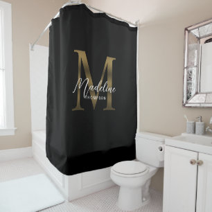 Elegant Script Metallic Black Gold Monogram Shower Curtain
