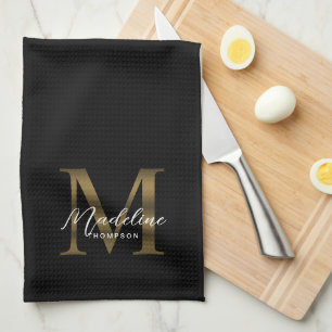 Elegant Script Metallic Black Gold Monogram Tea Towel