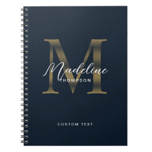Elegant Script Metallic Navy Blue Gold Monogram Notebook