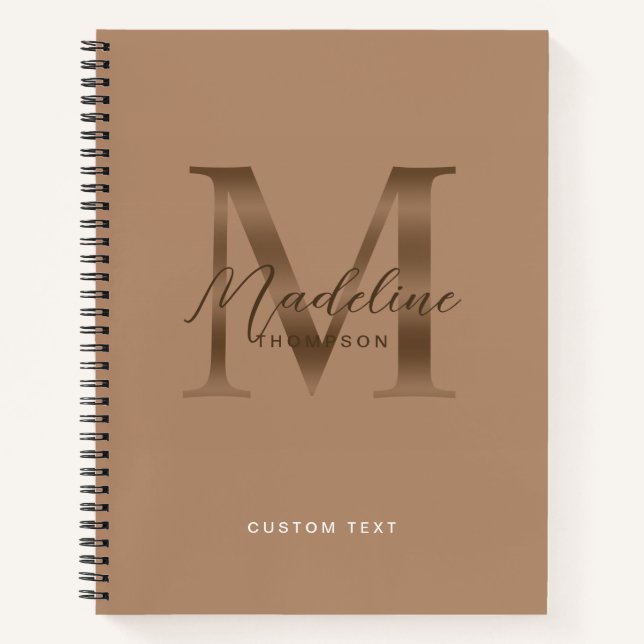 Elegant Script Metallic Taupe Brown Gold Monogram Notebook (Front)