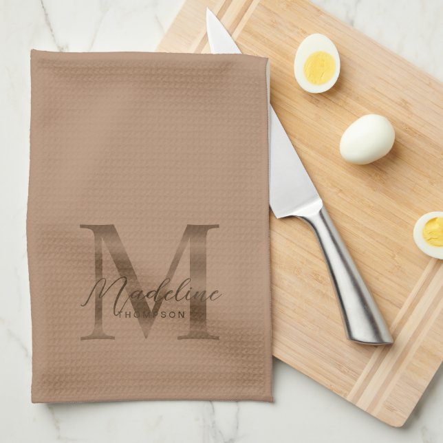 Elegant Script Metallic Taupe Gold Monogram Tea Towel (Quarter Fold)