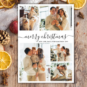 Elegant Script Minimal 5 Photo Collage Christmas Holiday Card