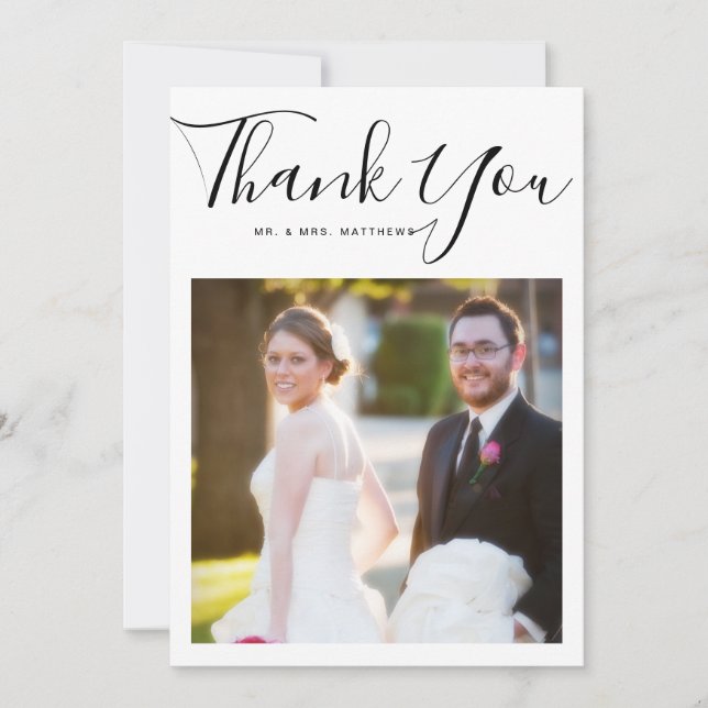 Elegant Script Minimal Wedding Photo Thank You Card (Front)