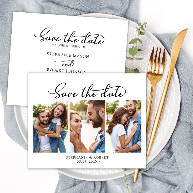 Elegant Script Minimalist 3 Photo Collage Wedding Save The Date (Creator Uploaded)