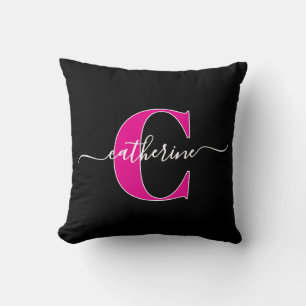 Elegant Script Minimalist Black Pink Monogram Name Cushion