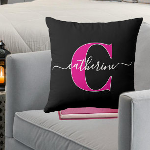 Elegant Script Minimalist Black Pink Monogram Name Cushion