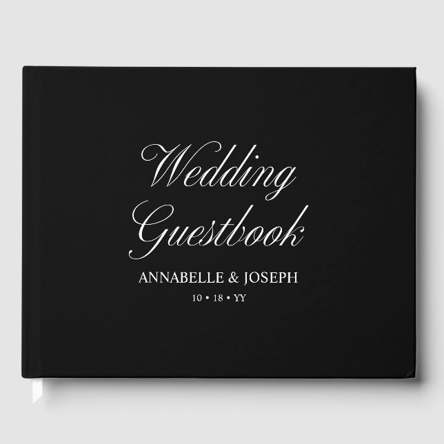 Elegant Script Minimalist Formal Black Wedding Guest Book (Front)