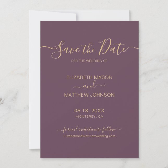 Elegant Script Minimalist Mauve and Gold Wedding Save The Date (Front)