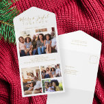 Elegant script minimalist photo collage Christmas All In One Invitation<br><div class="desc">Modern white gold 4 custom family photos Merry and Joyful together script simple minimal holiday tri fold card.                       Easy to personalise with your pictures,  text script,  family name,  and your text on both sides!</div>