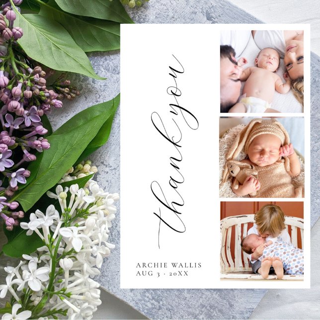 Elegant Script Minimalist Photo Collage New Baby Thank You Card (Creator Uploaded)