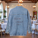 Elegant Script Minimalist Wedding Denim Jacket<br><div class="desc">Elevate your wedding style with our Elegant Script Minimalist Wedding Denim Jacket. This trendy jacket can be customized with the names of the bride and groom, along with the special date. Perfect for adding a personal touch to your big day!</div>