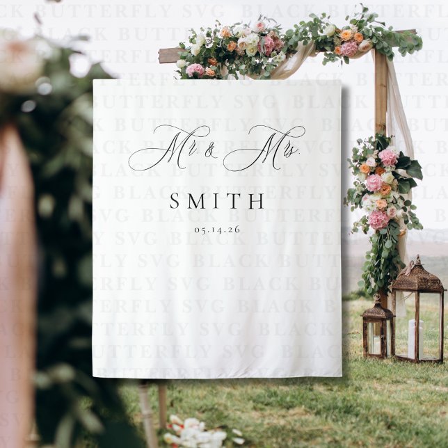 Elegant Script Minimalist Wedding Photo Backdrop  Tapestry (Mr. & Mrs. Wedding Photo Backdrop Banner )