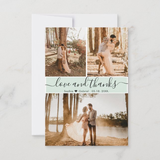 Elegant Script Mint Green Wedding 3 Photo Collage Thank You Card (Front)