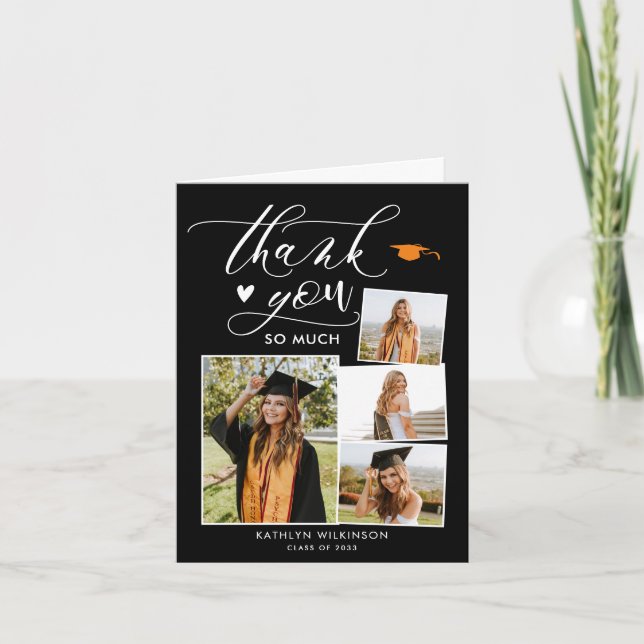 Elegant Script Modern Black 4 Photo Graduation Thank You Card (Front)