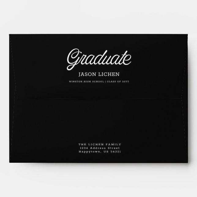 Elegant Script Modern Black and White Graduation Envelope (Back (Top Flap))