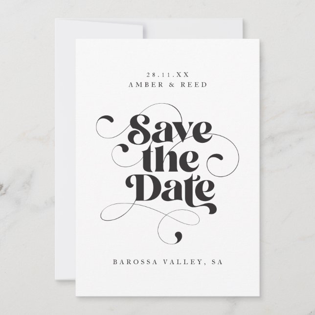 Elegant Script Modern Black White Art Design Photo Save The Date (Front)