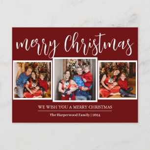 Elegant Script Modern Christmas Family 3 Photo Holiday Postcard