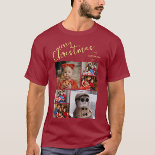 Elegant Script Modern Christmas Family 3 Photo T-Shirt